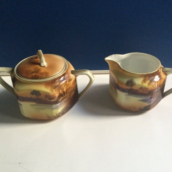 Vintage antique hand painted Nippon lidded sugar bowl and creamer tree - Picture 1 of 6